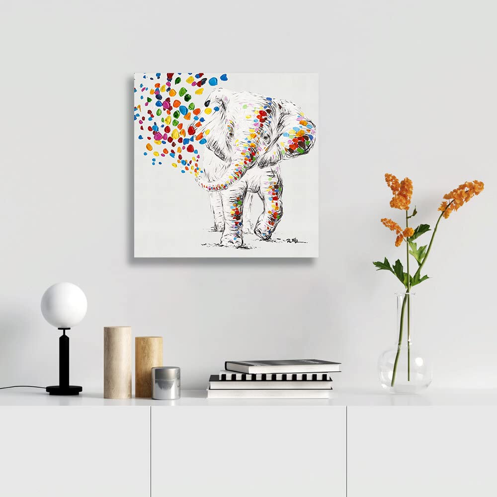 Happy Elephant Canvas Wall Art Cute Elephant Spraying Water Picture Print For Kids Room Bathroom Poster Framed Ready To Hang (20