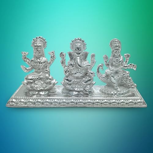 Maa Silver Pure Silver Lakshmi Ganesha Saraswati Trimurti Bis Hallmarked Solid Idol With Base Perfect For Gifting & Pooja Use (9