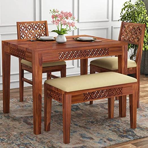 Moonwooden Solid Sheesham Wood 4 Seater Dining Table With 2 Cushioned Chair And 1 Bench 2 + 1 Square Dining Table Set For Home A