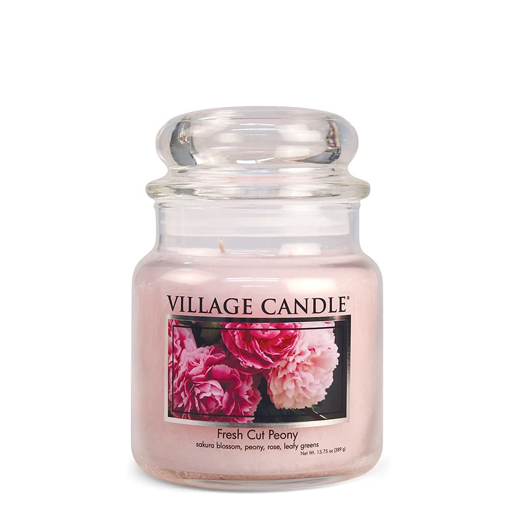 Village Candle Fresh Cut Peony, Medium Glass Apothecary Jar, Scented Candle, 13.75 oz.