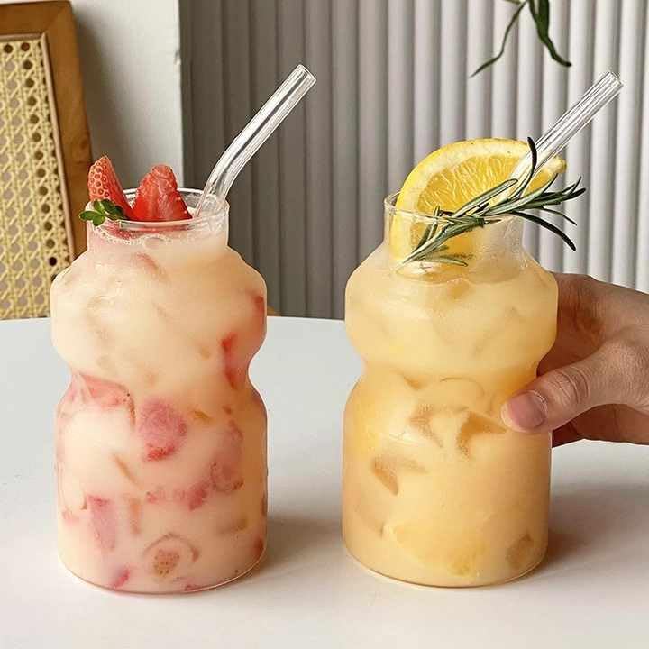 BLISS START Glass Sipper Tumbler with Straw  450ml  Pack of 2  Ftuit Juice Milk Mug with Straw for Kids School Office Travel 