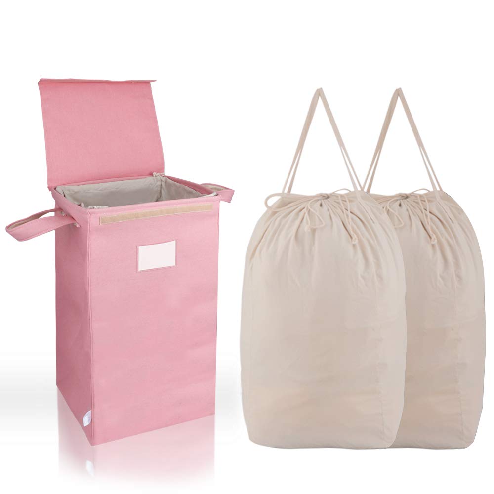 Mcleanpin 210L Pink Laundry Hamper With Lid And 2 Removable Bags, Collapsible Dirty Clothes Hamper With Handles, Foldable Baby N