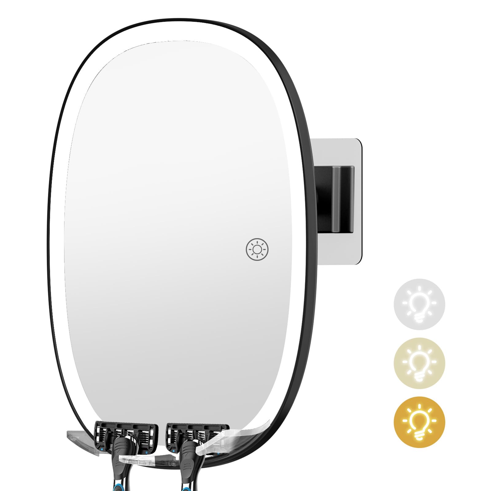 Cosmirror Shower Mirror Fogless For Shaving With Razor Holders, No-Drilling, 3-Color Dimmable Lights - Larger Anti-Fog Shower Mi