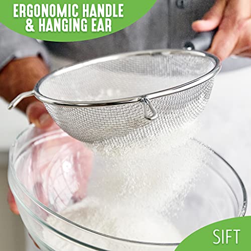 Greenlife Cooking Tools And Utensils, 4 Piece Extra Fine Stainless Steel Mesh Strainer Kitchen Set, Stay Cool Handles, Dishwashe