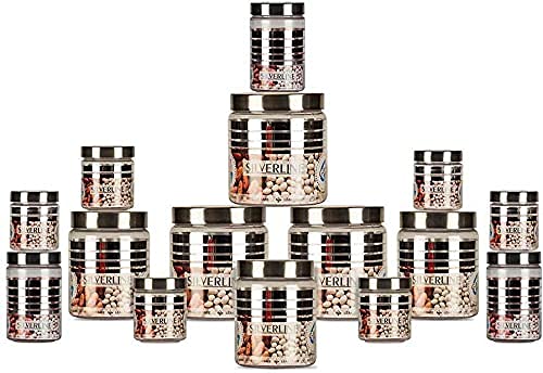 Gpet Silver Line Container Set,1500Ml,1000Ml,450Ml,200Ml,100Ml Plastic Grocery Container (Pack Of 15, Clear With Silver Cap)