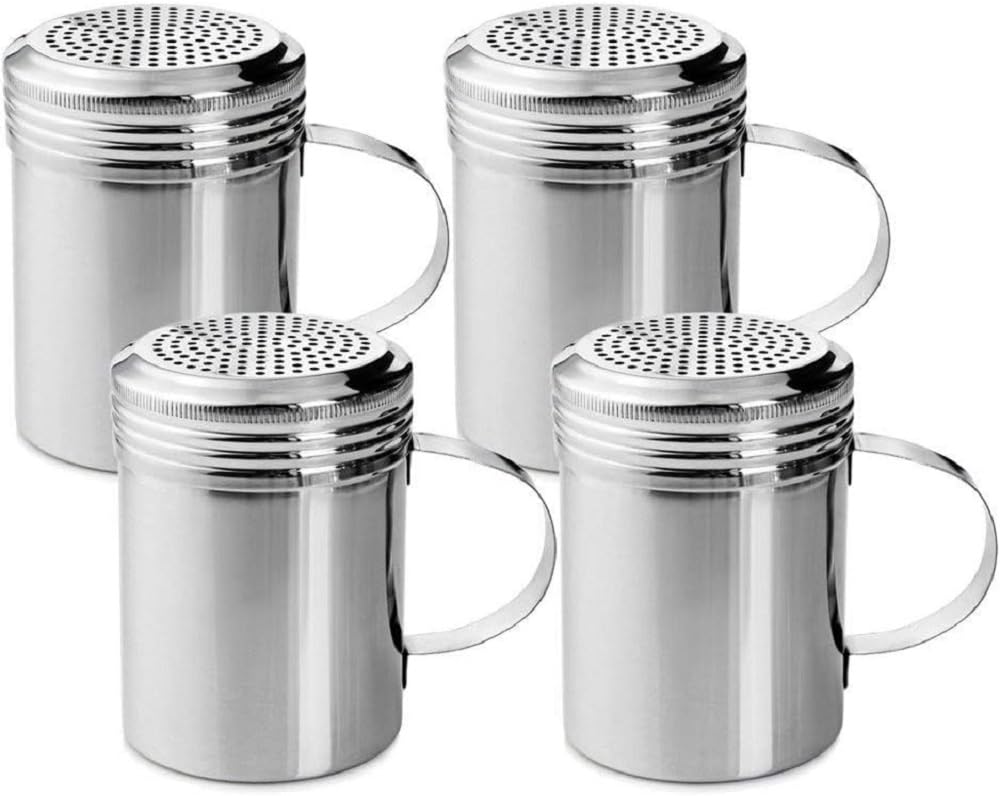 Truecraftware- Set Of 4 Dredge Shakers 10 Ounce Stainless Steel With Handle- Seasonings Spice Shakers Cheese Shakers Chili Flake
