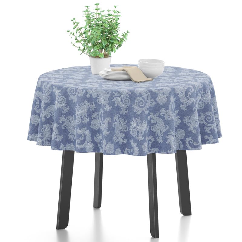 Encasa 4 Seater Dining Table Cloth 145 cmRound (57 inRound) I Floral Blue Jacquard Style Print on Chambray Homespun Cotton I f