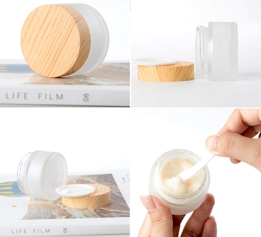 Healthcom 50 Gram/50 Ml Empty Sample Jars Round Frosted Glass Bottle Cosmetic Cream Jar Wood Grain Lid Cosmetic Container Glass