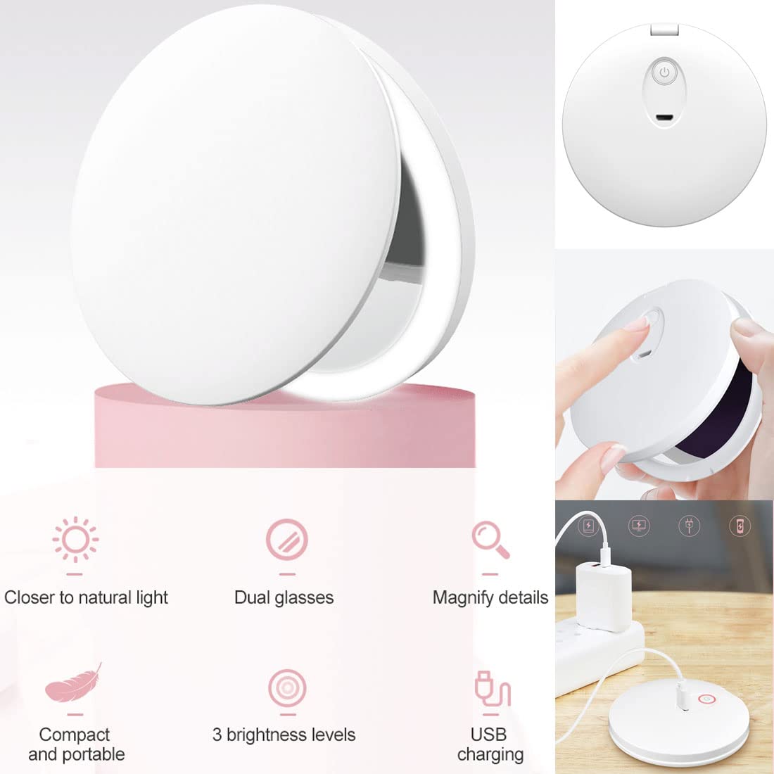 Cigyyogy Small Led Compact Makeup Mirror Round Handheld Foldable - Magnifying Lighted Pocket Mirrors Double Sided With 1X/2X Mag