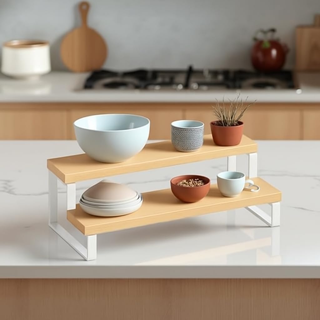 Decorlay 2Tier Metal & Laminated Board Stairs Spice Rack Cosmetic Organizer Stand, Kitchen Countertop For Pantry Cupboard, Coun