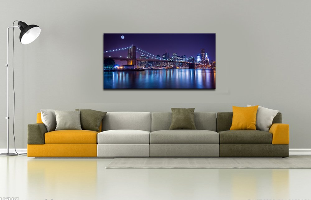 Sechars - Brooklyn Bridge Canvas Wall Art Large Size 24''X48'' Modern New York City Canvas Print Manhattan Skyline With Full Moo