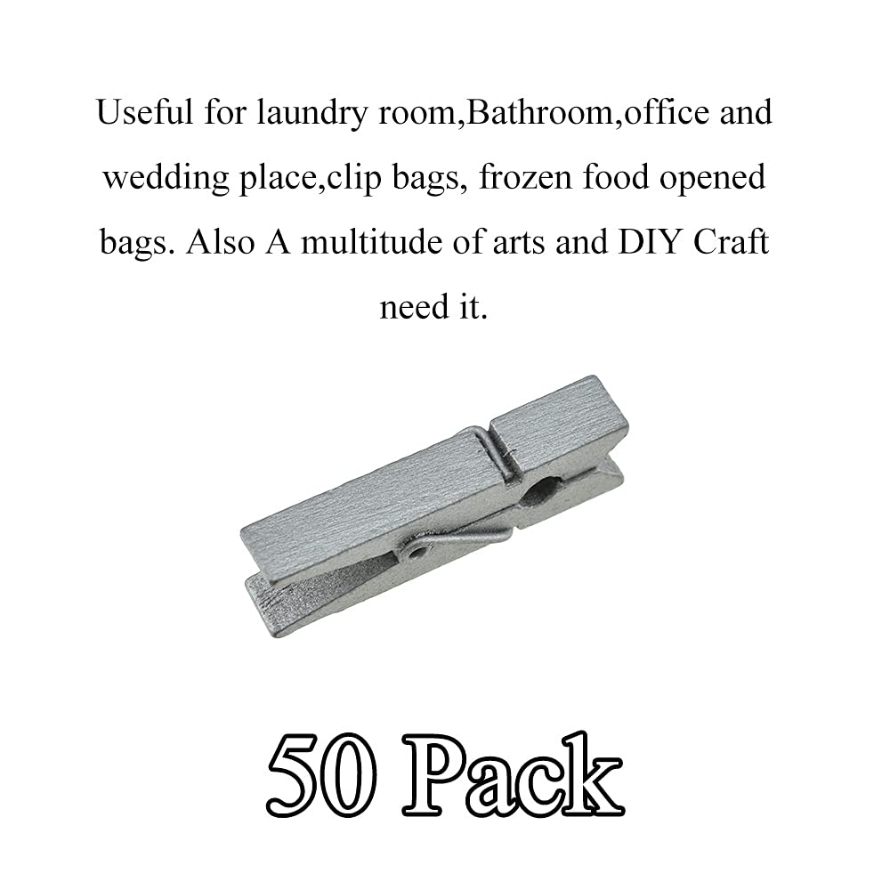 HAHIYO Silver Wooden Clothes Pins Clothespins Small Do NOT Fall Apart 1.38 inches Length 50 Pack Sturdy Strong Springs No Rust No Discoloration for Laundry Bathroom DIY Craft Photos Food Opened Bags