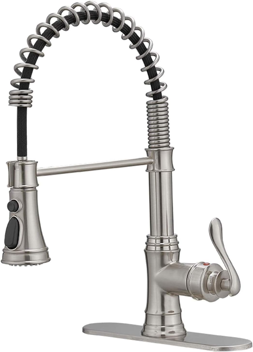 BWE Kitchen Sink Faucet Brushed Nickel with Deck Plate Single Handle Lever with Pull Down Sprayer Spring Kitchen Faucet 3 Function High Arc Lead-Free Farmhouse Commercial Bar Kitchen Faucets