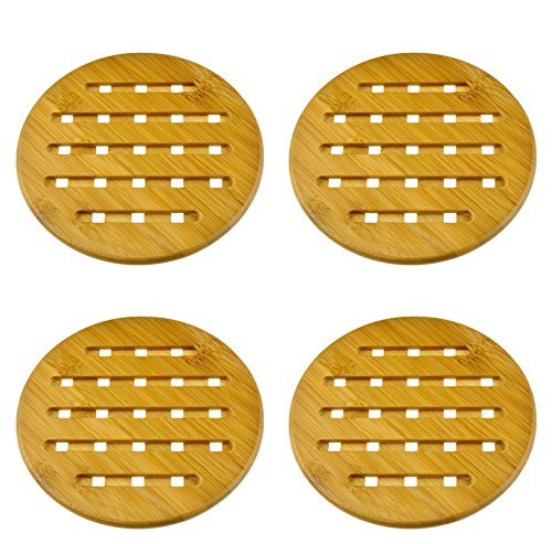 Weikai 11, Set Of 4, Solid Bamboo Wood Trivets With Non-Slip Pads For Hot Dishes And Pot (7'' Round)