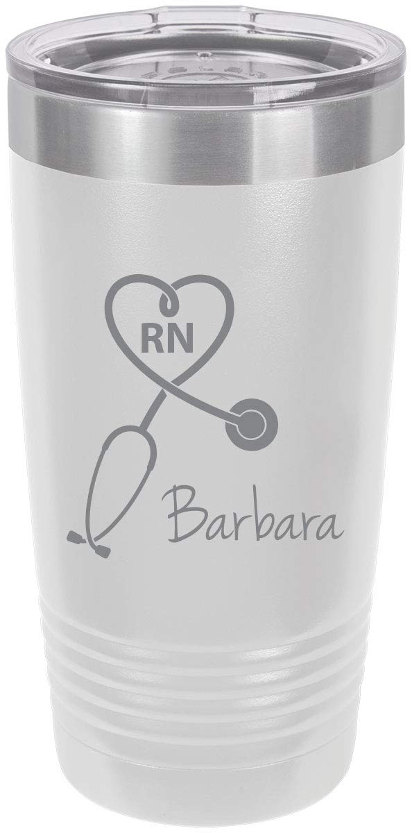 Stethoscope Registered Nurse Personalized Add Your Custom Text Insulated Tumbler 20 Oz Travel Coffee Mug Customizable (White)