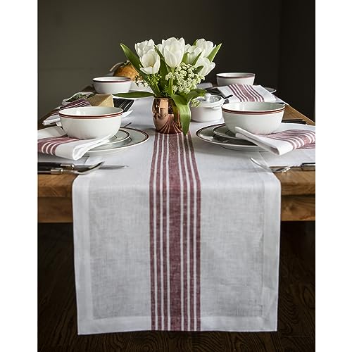 Solino Home Farmhouse Stripe Linen Table Runner 120 Inches Long - 100% Pure Linen 14 X 120 Inch Extra Long Table Runner, Burgund