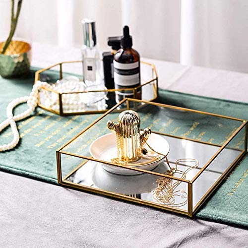 Ruhi Collections Square Glass with Brass Rim Mirror Base Vanity Tray for Home Decor Jewellery Organiser, Small, Gold