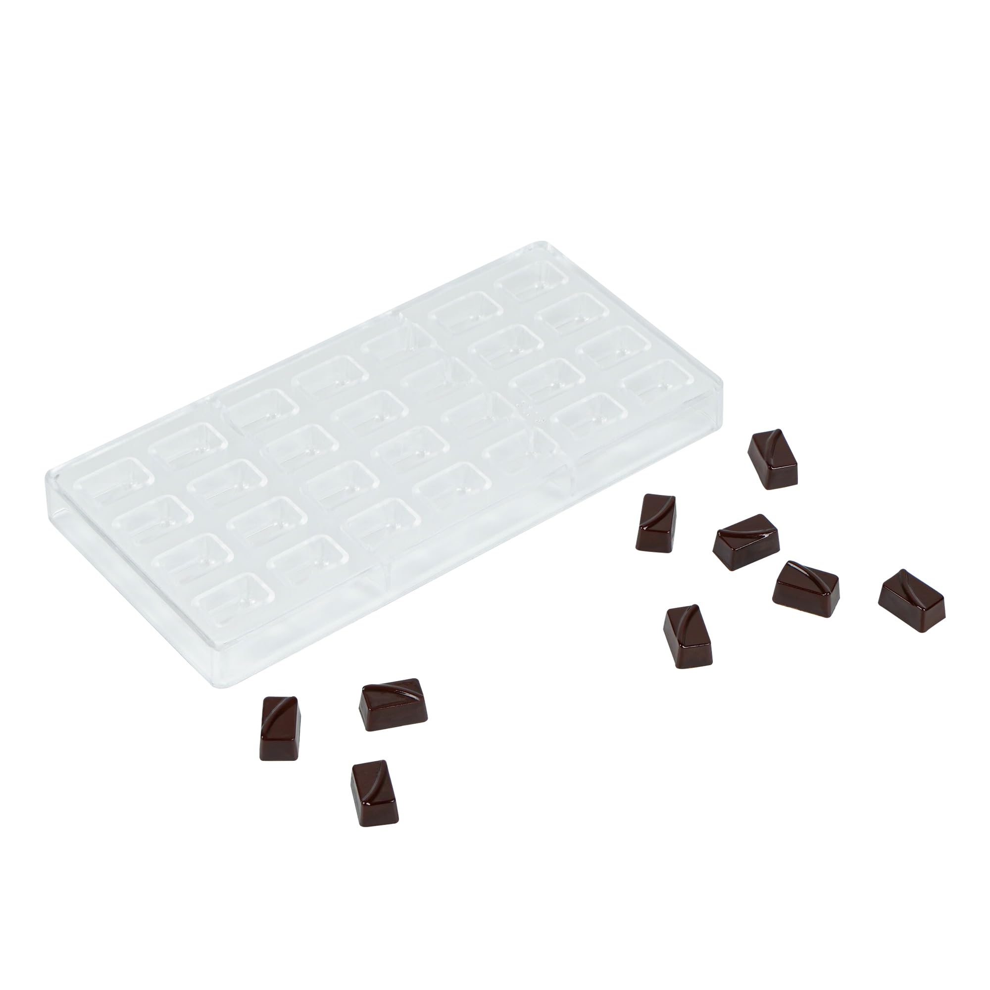 Restaurantware Pastry Tek 10.8 x 5.3 Inch Chocolate Shaping Mold 1 Freezable Candy Mold - 28 Cavities Wave Design Clear Polycarb