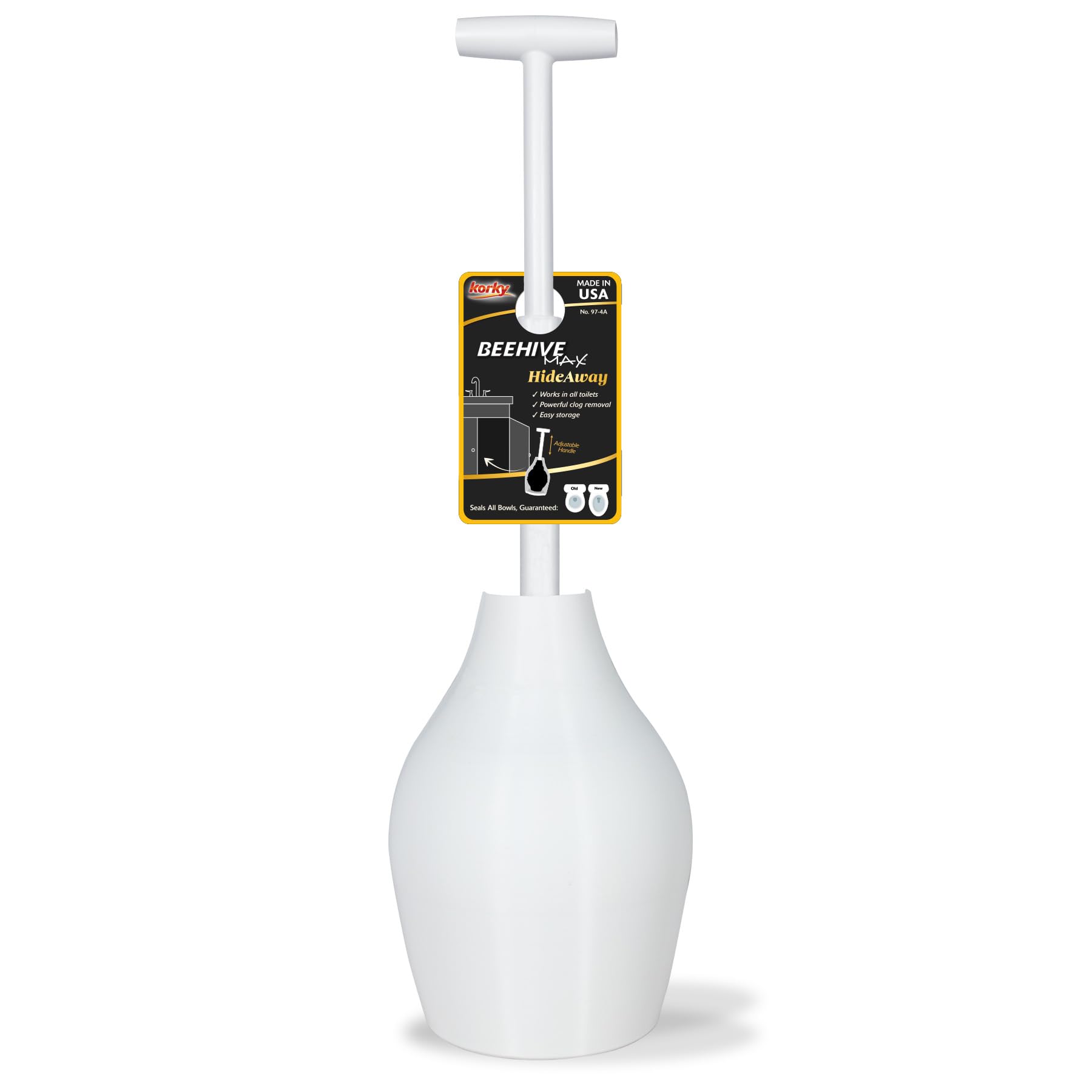 Korky BeehiveMAX Hideaway - Heavy Duty Toilet Plunger with Holder - Drip Free Carry - Seals All Bowl Shapes - Powerful Clog Remo