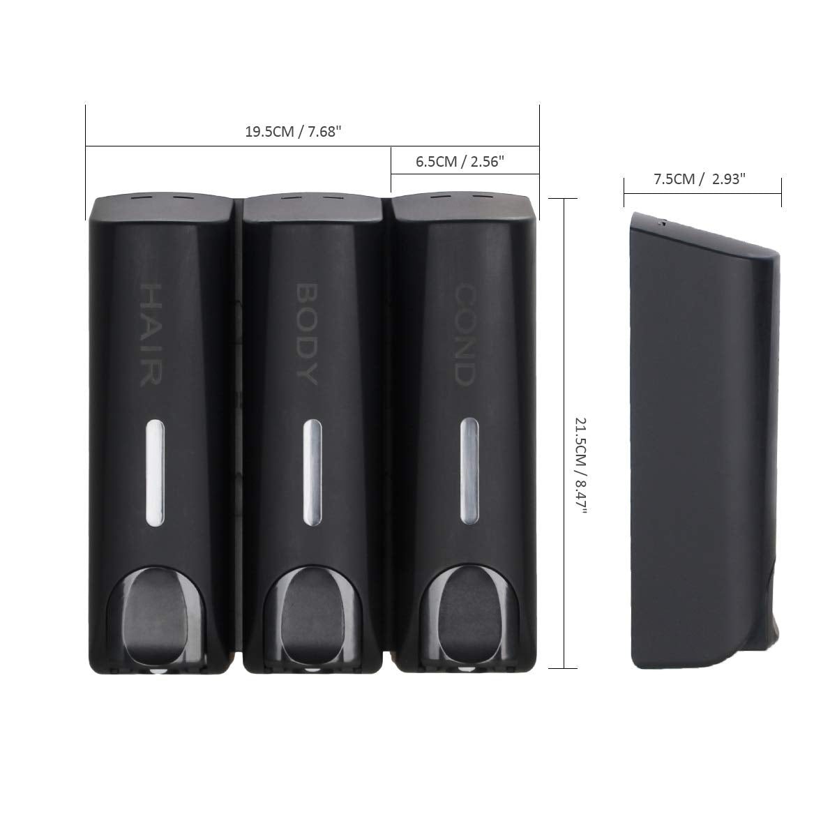 AUMIO Wall Mounted 3 Chamber Shower Soap Dispenser Set, Black Plastic, No Drill Shampoo & Conditioner Dispenser for Bathroom & Hotel