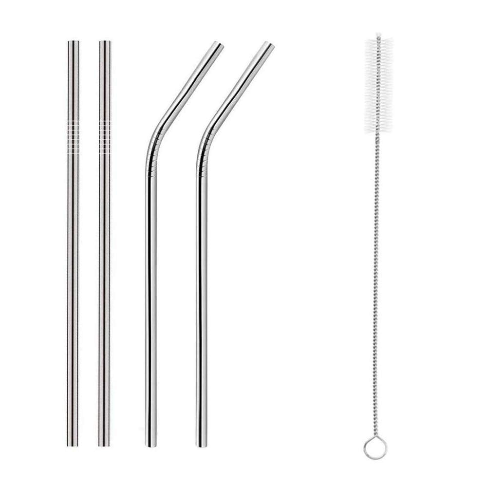 Oblivion Stainless Steel Straws With Cleaning Brush For Kids & Adults | Bent Reusable Metal Straws (Pack Of 2 Straight & 2 Bent 