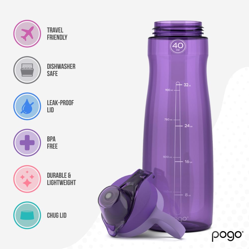Pogo BPA-Free Tritan Plastic Water Bottle with Chug Lid  40 Oz  Purple
