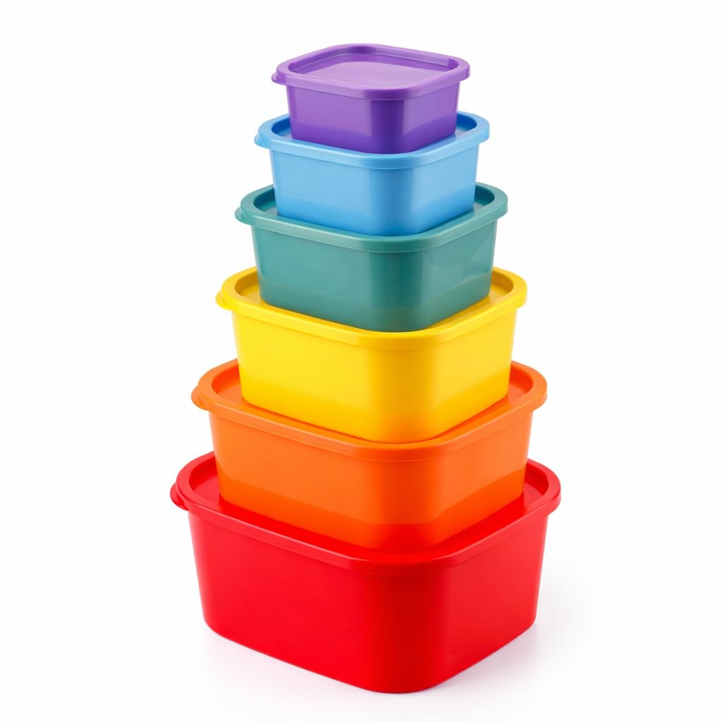 Shrux Kitchen Food Storage Containers Set Of 6 With Lids | Multi Size Plastic Storage Boxes | Stackable Fridge Organizer Contain