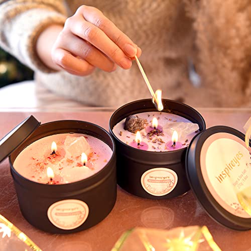 Inspireyes Scented Candle Set with Crystal, 19 oz 3 Wick Candle, Manifestation Candle with Large Energy Stones, Large Tin of Soy