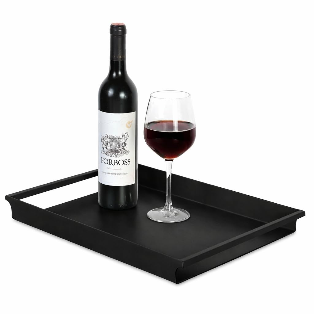 Ogfc 57551 Decorative Serving Tray, Modern Black Metal Rectangle Ottoman Coffee Table Tray With Sleek Rounded Cutout Side Handle