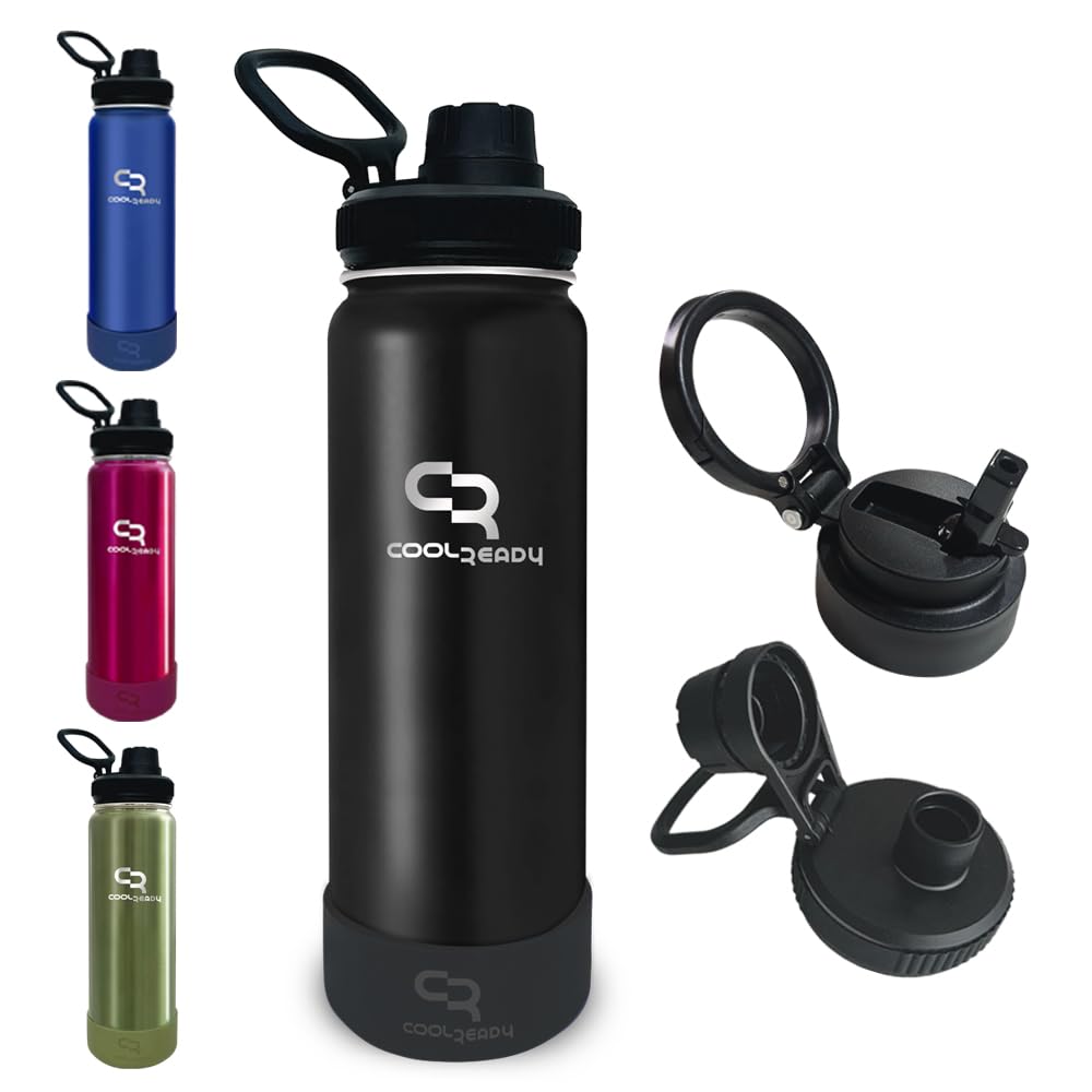 CoolReady 24 oz Black Insulated Water Bottle with Straw & Spout Lids  Slim Stainless Steel Thermo Flask, Cup Holder Friendly De