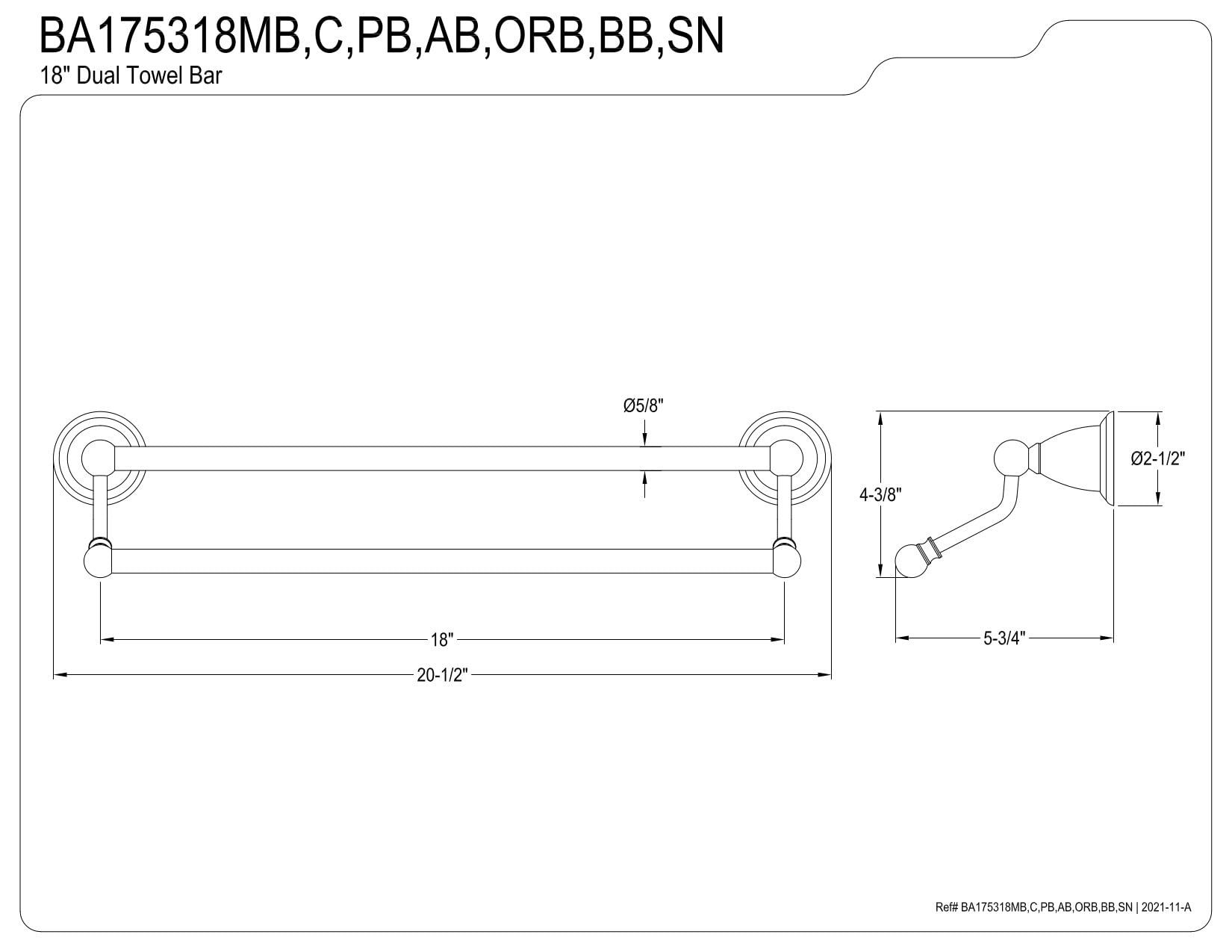 Kingston Brass BA175318SN Heritage 18'' Dual Towel Bar  Brushed Nickel