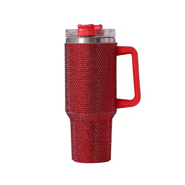 Klickio Stainless Steel Double Wall Vacuum Travel Cup Tumbler Shimmer Rhinestone With Handle & Straw 1200Ml