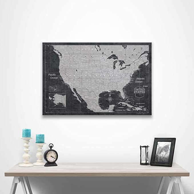 Push Pin Usa Map Board - With Push Pins To Mark Usa Travel - Handmade In Ohio, Usa - Design: Modern Slate (48'' X 32'')