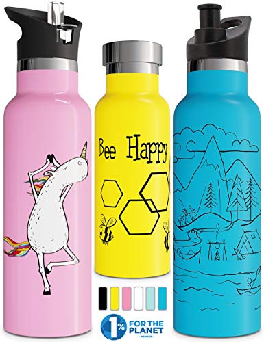 Involve & Evolve Insulated Water Bottle With 3 Lids (Straw Lid) Kids Reusable Double Walled Stainless Steel Flask Metal Thermos