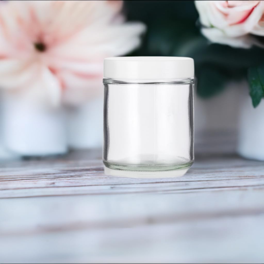 4 Oz / 120 Ml Clear Thick Glass Straight Sided With White Smooth Lid (12 Pack) + Small Glass Balm Jar