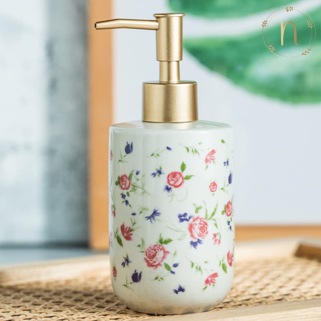Nestasia Durable Floral Ceramic Liquid Dispenser for Kitchen | Handwash Bottle for Wash Basin | Shampoo Dispenser for Bathroom |