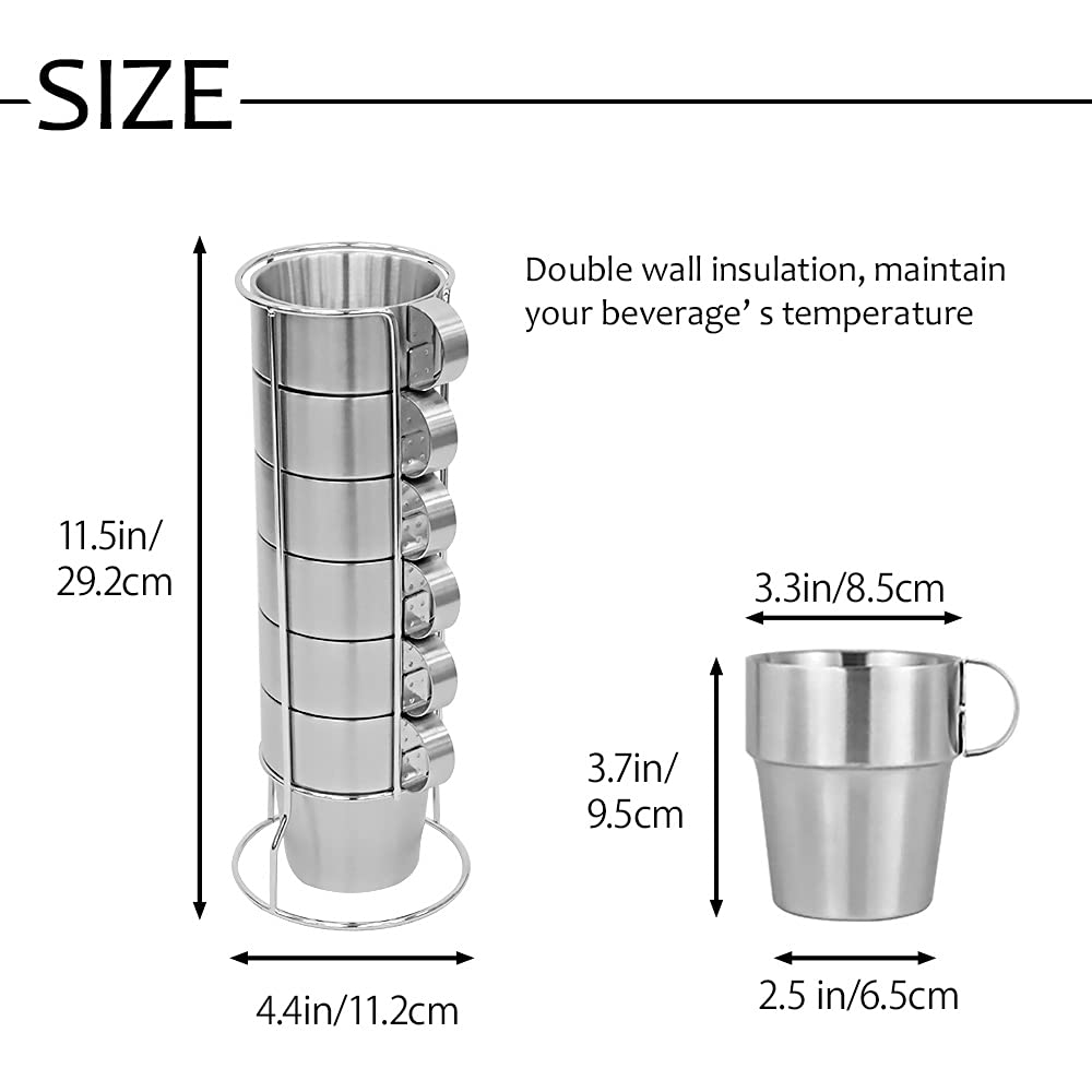 Japard Metal Coffee Mugs Stainless Steel Insulated Cup, Stackable Set Of 6, In Stand Rack, Double Wall Insulated