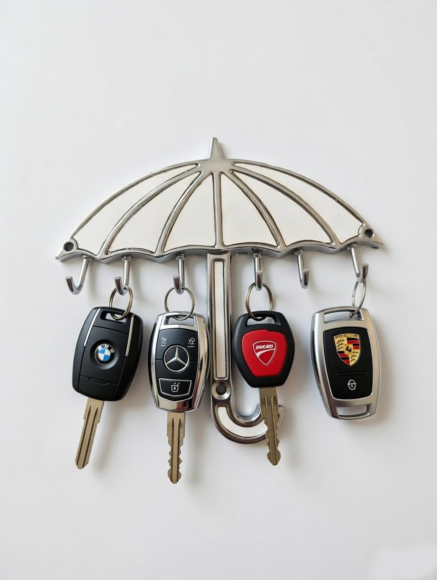 Indeed Umbrella Key Holder & Hanger with Diamond, Metal Peacock Flute Key Stand with 6 Hook Wall Mount, Home Decor Gift (CROME)