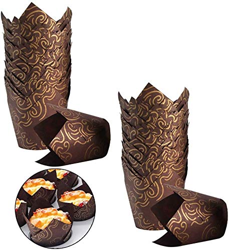 200Pcs Brown Tulip Cupcake Liners Golden Printed Natural Muffin Liners Baking Cups For Birthday,Wedding,Party Brown With Gold