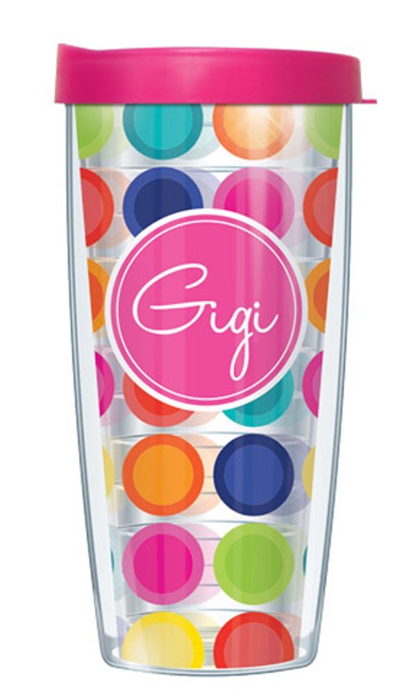 Signature Tumblers Gigi And Happy Circles Wrap On Happy Circles 16 Ounce Double-Walled Travel Tumbler Mug With Hot Pink Easy Sip