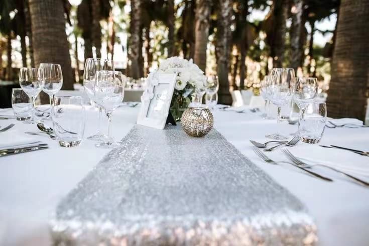 Charoama Silver Sequin Table Runner 12x108 inch Glitter Fabric Table Linens Runner Fabric Decorations for Holiday Wedding Birthday Outdoor Party Decor