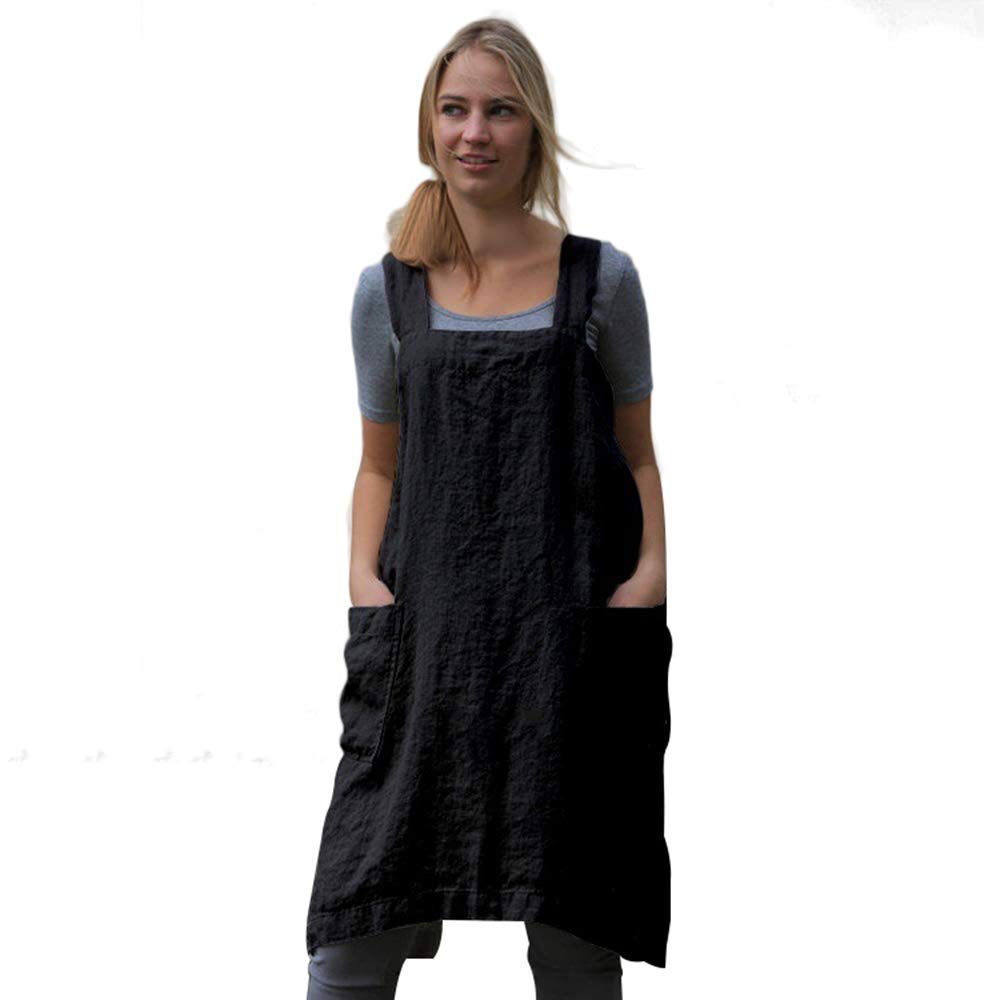 Womens Pinafore Square Apron Baking Cooking Gardening Works Cross Back Cotton/Linen Blend Dress With 2 Pockets