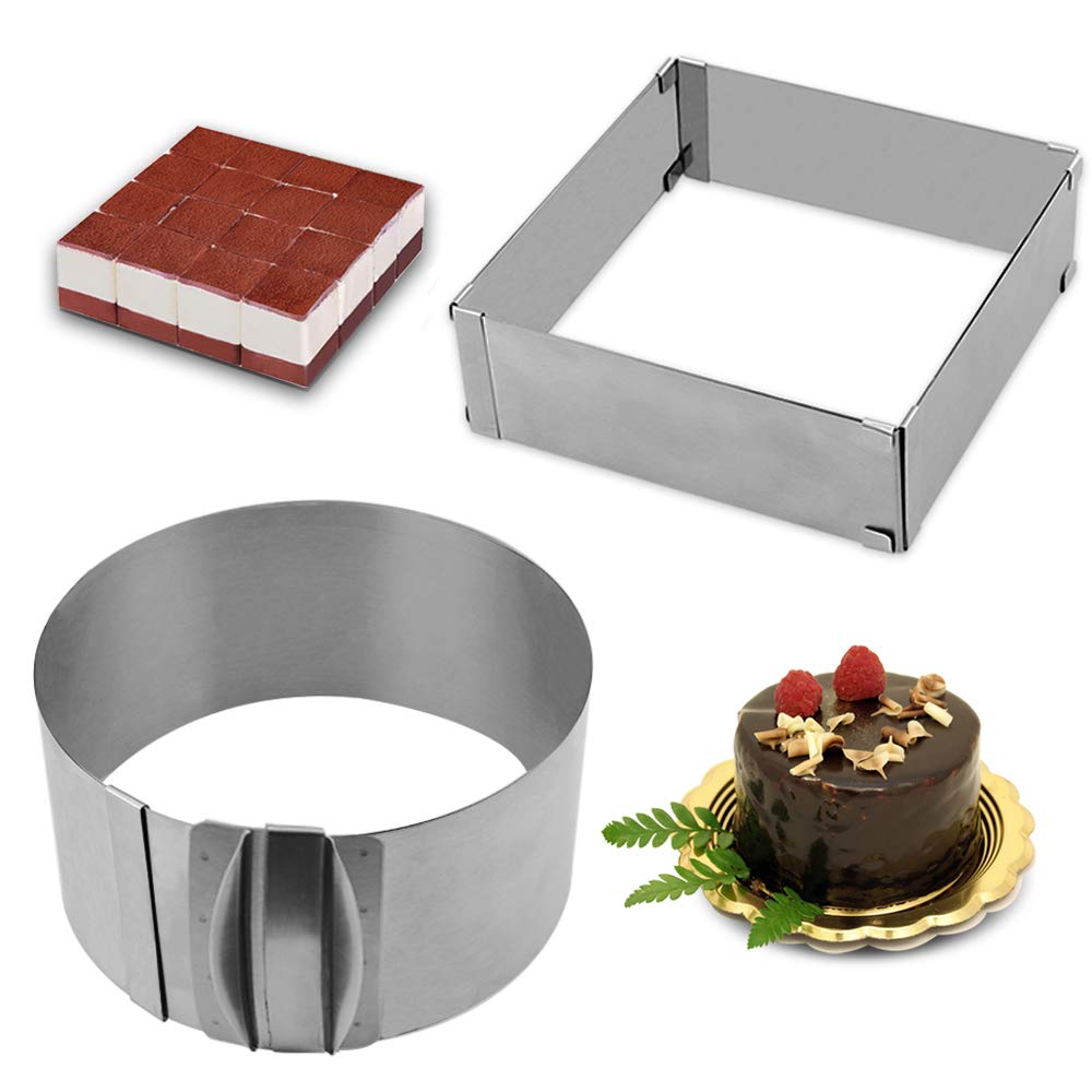Gutsdoor Adjustable Cake Mold Ring 6-12 Inch Mousse Ring Stainless Steel Cake Mold Set 2-Piece Baking Tool (Square+Round)