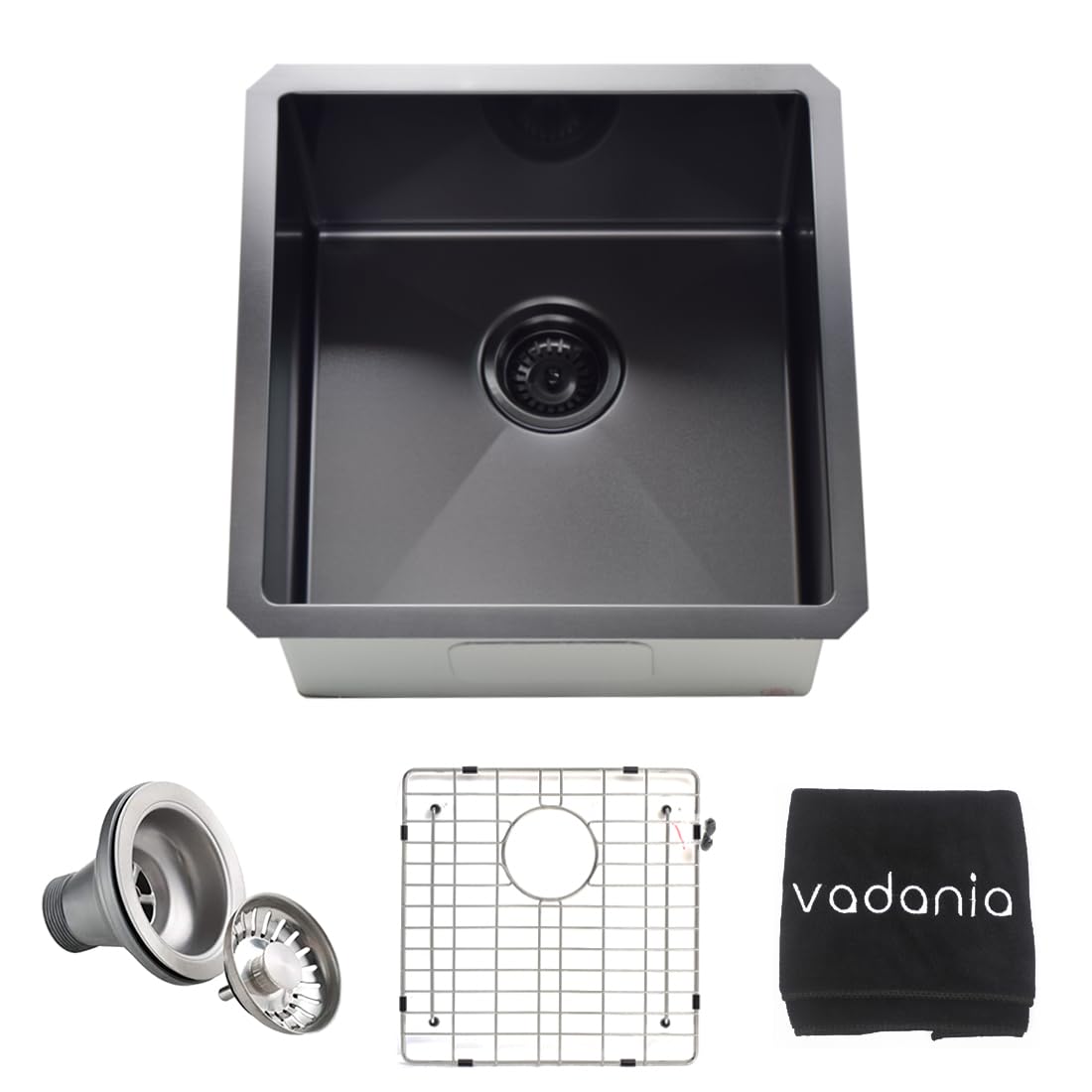 Vadania 18-Inch Kitchen Bar Sink, Black-Plated Finish, 18''X18''X10'', Single Bowl, Undermount, 18 Gauge T304 Stainless Steel, W