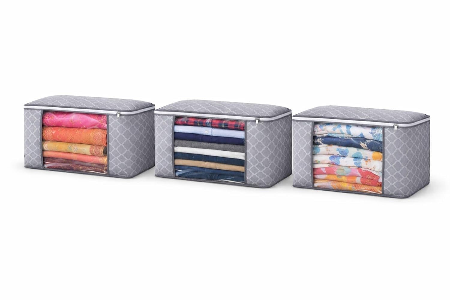 Clothes Storage Organizer Bags With Transparent Front Window And Zip Closure, (Grey, Pack Of 3)