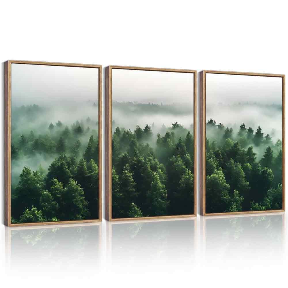 Kuvioke Green Fog Pine Tree Framed Wall Art Nature Nordic Misty Forests Artwork Morden Painting Bedroom Decor 16X24In (Natural F