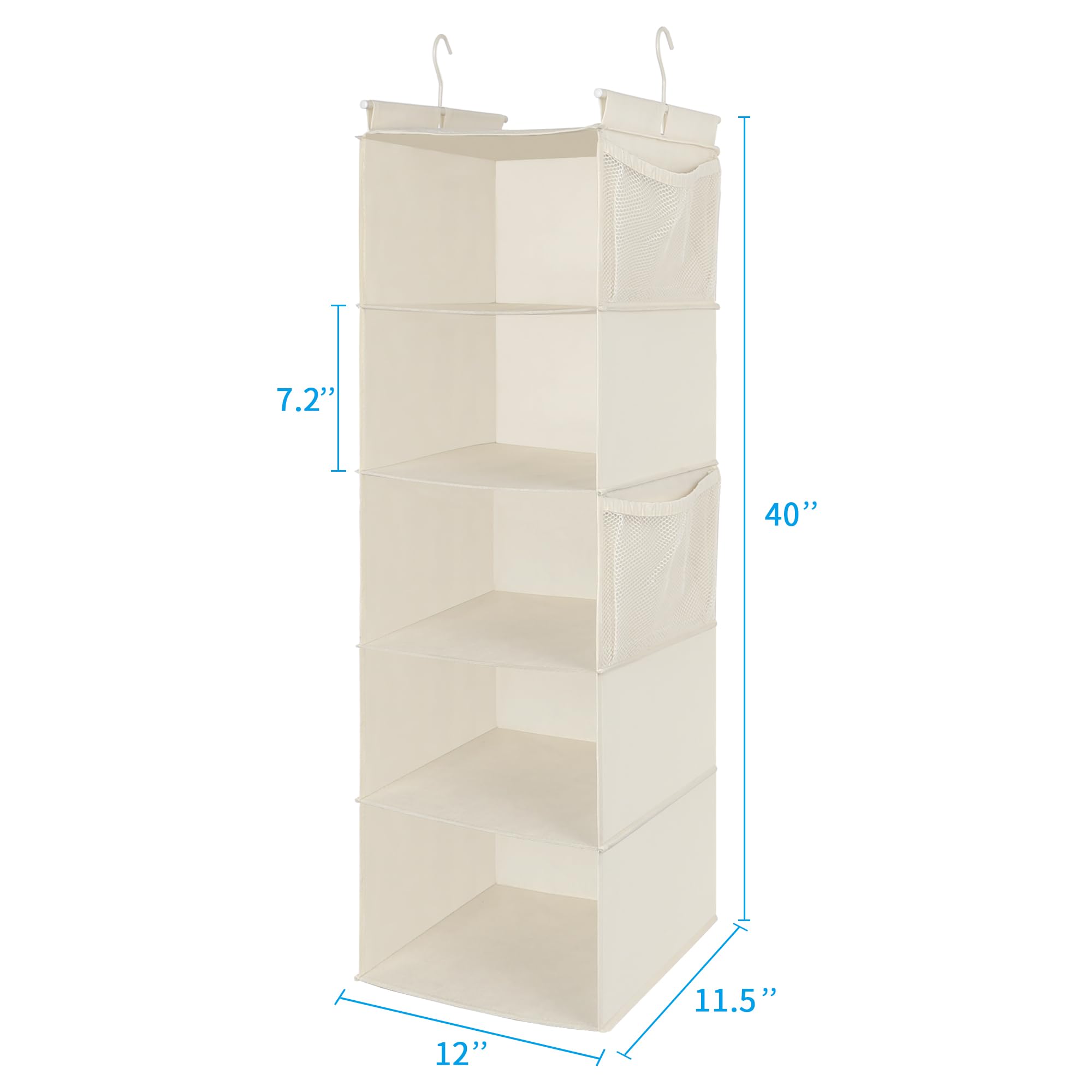 Max Houser 5 Shelf Hanging Closet Organizer, Space Saver, Cloth Hanging Shelves With 4 Side Pockets, Foldable, Beige