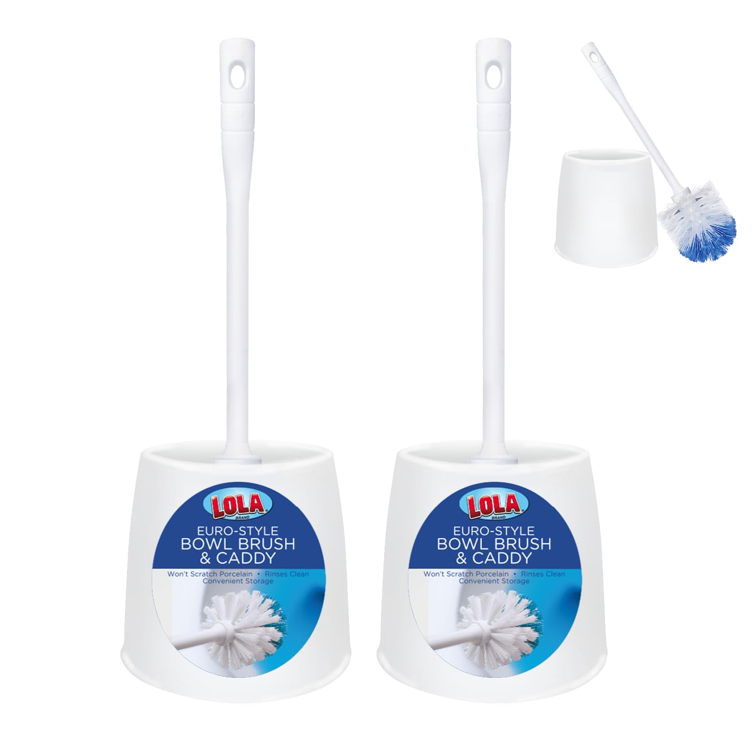 Toilet Brush and Holder Set, by LOLA, 2 Pack, Classic Version, Durable Bristles for Deep Cleaning, w/Compact Space Saving Storag