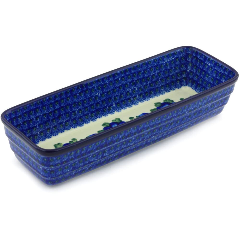 Polish Pottery 12inch Rectangular Baker made by Ceramika Artystyczna (Blue Poppies Theme) + Certificate of Authenticity