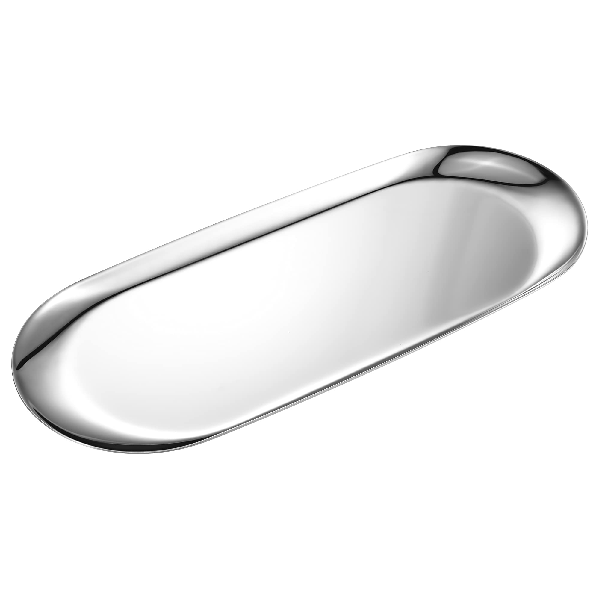 Silver Oval Vanity Tray - Stainless Steel Jewelry, Bathroom, Makeup Cosmetic, Towel Napkin Storage Organizer - 9 x 3.8 inches (L